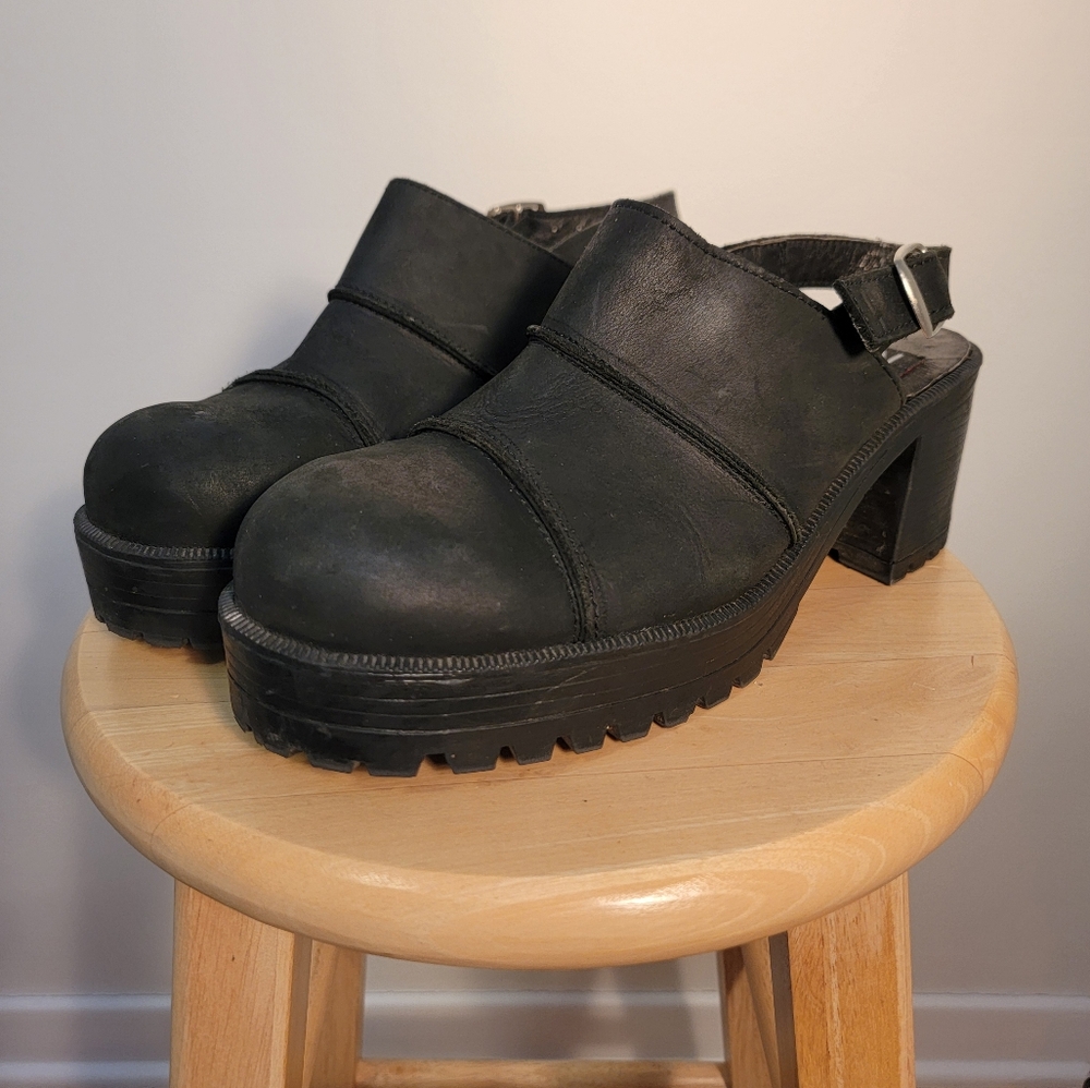 rare vintage leather platform clogs 90s UK rave patchwork shoes chunky slingback